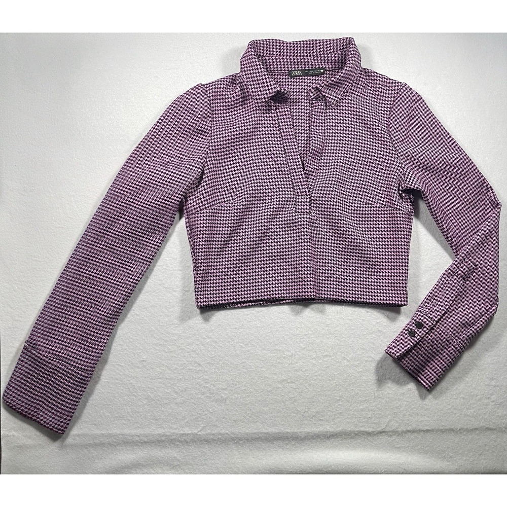 Zara Cropped Houndstooth Long Sleeve Collared Top Pink Black Women's S